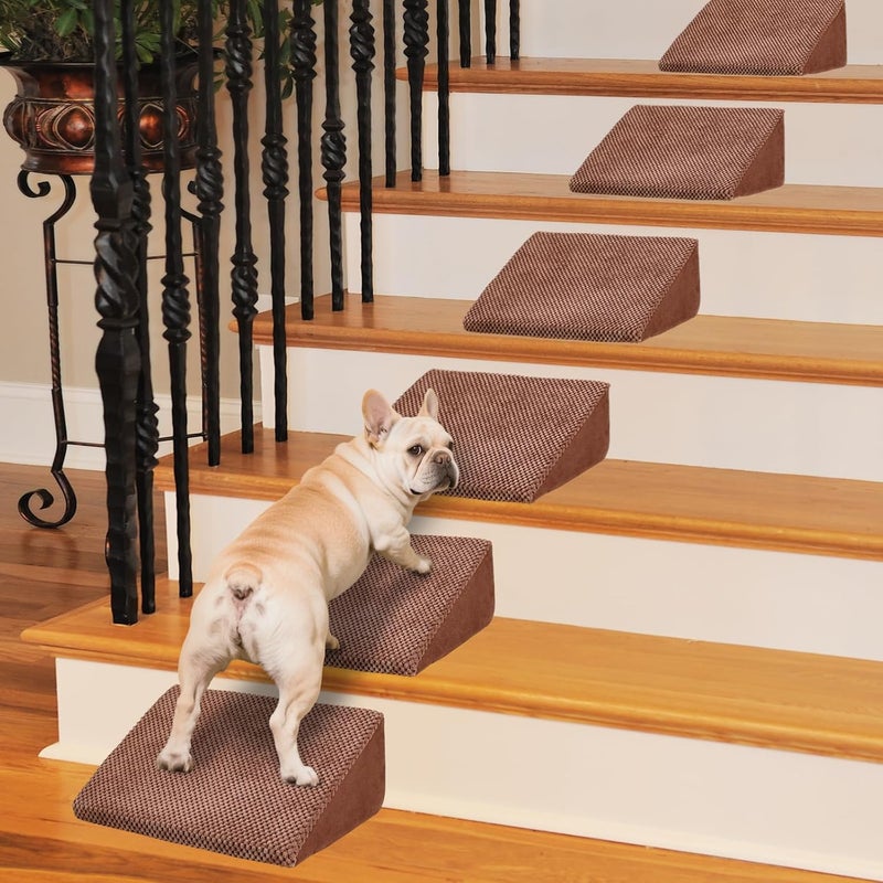 INRLKIT 40D Density Foam Dog Ramp for Stairs Suits for Small Dogs Cats, Pet Steps Stairs for Staircase Stairs with Anti-Slip Bottom and Self-Sticky Pads to Fix(6Pack, Reddish Brown) - Image 1